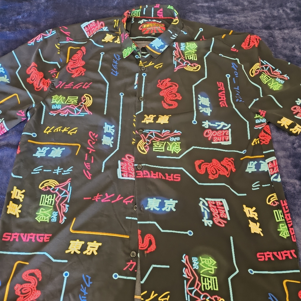 Salvage Black Short-Sleeve Button-Up with Neon Tokyo Print